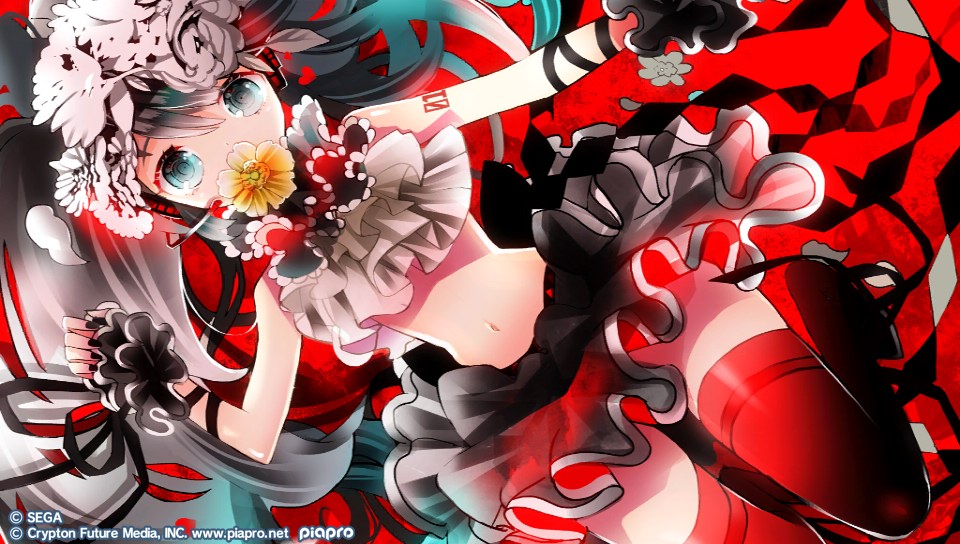 Hatsune Miku: Project Diva F2nd Loading Screen 3. Miku is in a revealing white, red, and black outfit with flowers on it. She has a yellow flower in her mouth and is in a red background.
