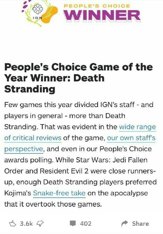 【情報】《死亡擱淺》獲IGN2019年度玩家選擇獎(IGN與死亡擱淺的恩怨情仇錄) @死亡擱淺 Death Stranding 哈啦板 - 巴哈姆特